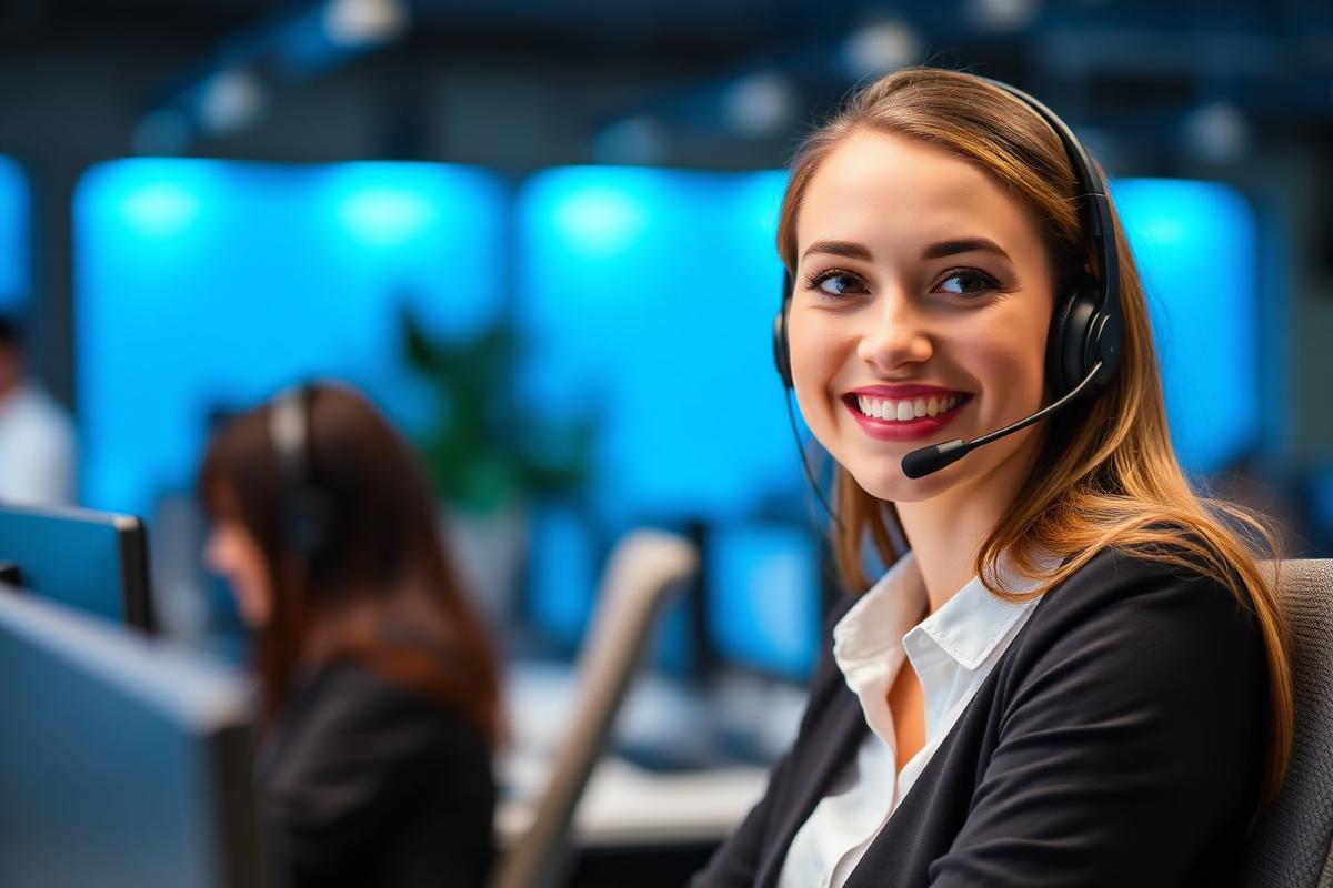 Colaboradora da equipa de apoio ao cliente com headset